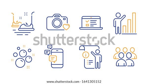 Communication, Web
lectures and Bumper cars line icons set. Clean bubbles, Photo
camera and Graph chart signs. Manual doc, Group symbols. Smartphone
messages, Online test. Business
set.