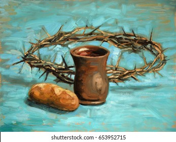 Communion And Crown Of Thorns Oil Painting On Board