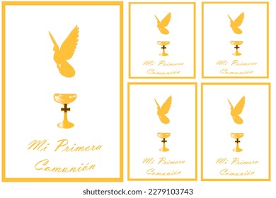communion, "mi primera comunión", in English "My First Communion", printable labels, Cross, Dove and Chalice in white and gold yellow - Powered by Shutterstock - Get 15% off with code: PIKWIZARD15