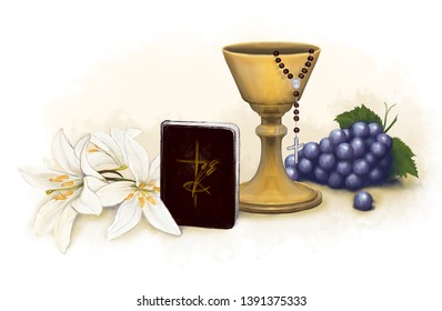 Communion Picture, Boy, Rosary, Chalice, Lilies