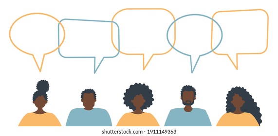 Community Of Black People. Communication Of Men And Women. People Icons With Speech Bubbles. Raster Illustration