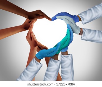 Community and Health Workers og Essential Care Medical Group eller hospitalsmedicin teamwork som en gruppe af læger og sygeplejersker sammenføjning i en hjerteform med patienter i en 3D-illustration stil.