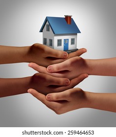 Community Housing Concept And Neighbor Support Or Neighborhood Watch Symbol As A Connected Group Of Diverse Hands Supporting And Holding A Family Home As A Metaphor For Friendly Residents.