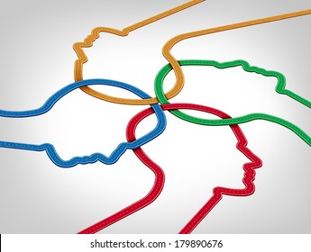 Community Learning Development Concept With A Group Of Roads As Human Heads Coming Together As Ethnic Groups Of Young People Or Teachers Cooperating In Unity As Friends For Success And Opportunity.