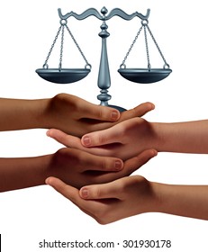 Community Legal Assistance Concept With A Group Of Hands Representing Diverse Groups Of People Cooperating Together To Provide Law And Justice Support And Advice Holding A Justice Scale.