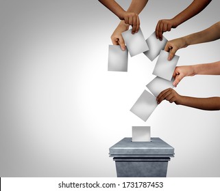 Community Vote Question Mark And Voting Questions Concept As Diverse Multicultural Hands Holding Blank Papers Casting Ballots At A Polling Station As Voter Confusion With 3D Illustration Elements.