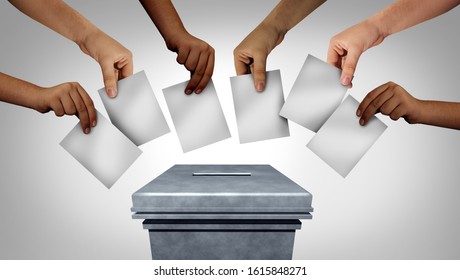 Community vote and voting diversity concept and diverse hands casting ballots at a polling station in a democracy as multicultural hands holding a blank paper with 3D illustration elements.