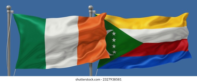 Ireland flag and Comoros flag on a blue sky background, banner 3D Illustration