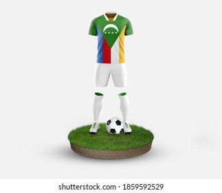 Comoros soccer player standing on football grass, wearing a national flag uniform. Football concept. 3D rendering.
