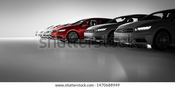 Compact cars fleet in the studio\
garage. A red one standing out. Choosing new car concept. Generic\
and brandless yet contemporary and elegant look. 3D\
illustration