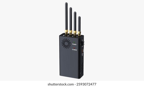 Compact device designed for blocking signals, features four antennas and status indicators for power and charging.