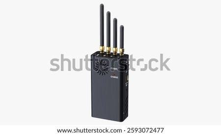 Compact device designed for blocking signals, features four antennas and status indicators for power and charging.