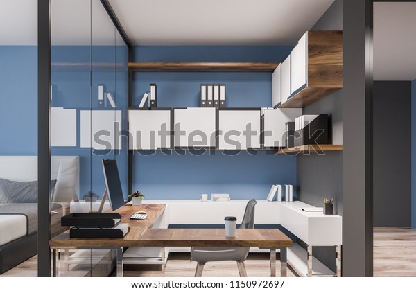 Compact Home Office Interior Dark Blue Stock Illustration
