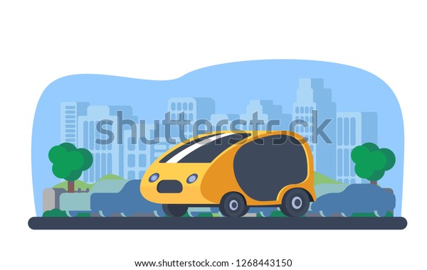 Compact mini car. Future design. Small\
electric machine with urban\
background.