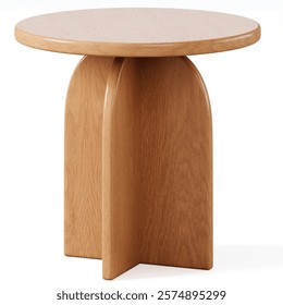 A compact round side table with a smooth wooden top and a curved wooden cross-shaped base, offering a practical and elegant addition to the main coffee table. Isolated on white background. 3d render