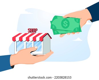 Company Buyout, Acquisition Agreement Or Takeover, Selling Company Offer Or Merger, Franchise Business Concept, Businessman Offer Money To Buy Other Hand Offer Company Or Shop Building. Hand Company