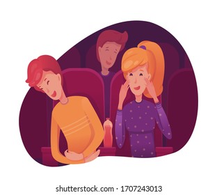 Company In Cinema Illustration. Teenagers Hanging Out Together Drawing. Young Boy, Girl Cartoon Characters. People Laughing At Movies. Isolated Design Element. Movie Date Scene. Raster Copy