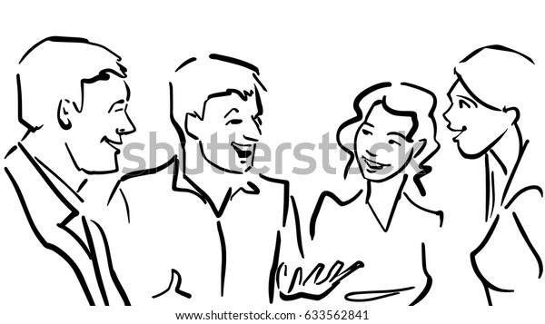 友人の仲間 男女がおしゃべりをする 友達が一緒に話し合う 多言語 白黒のスケッチ 白い背景に単純な図 4人 アニメの会話 上半身 のイラスト素材
