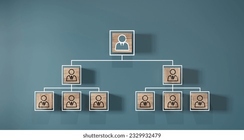 Company hierarchical organizational chart of wooden cubes on blue background. Human resources management and business concept - Powered by Shutterstock