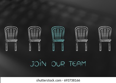 Company Vacancies Concept: Line Of Chairs, One In A Different Color With Caption Join Our Team