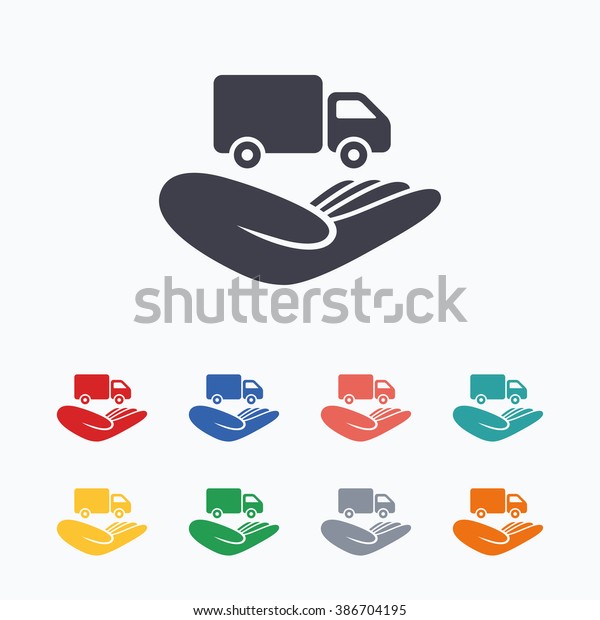 Company vehicles insurance sign icon. Hand\
holds delivery truck. Protection vehicle from damage and accidents.\
Colored flat icons on white\
background.