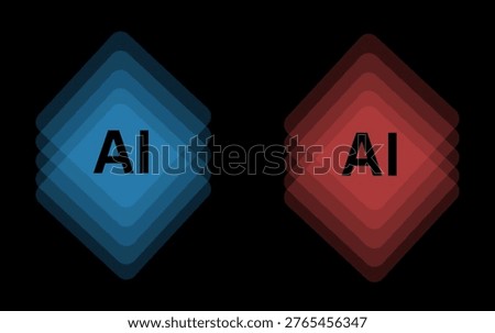 Comparative design of AI icons featuring stacked blue and red geometric diamond layers, ideal for showcasing technology options, contrasting data, or smart software.