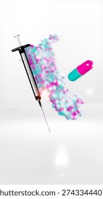 Comparative Visualization of GLP-1 Receptor Agonist Delivery Systems for Diabetes and Obesity Research. This professional medical illustration provides a conceptual overview of the evolving delivery methods for Glucagon-Like Peptide-1 (GLP-1) receptor agonists, such as semaglutide. In the contemporary landscape of healthcare and scientific research, these therapeutics have transformed the clinical management of Diabetes Mellitus Type 2 and chronic Obesitas. The visualization highlights the two primary modalities of administration: the traditional subcutaneous injection via a hypodermic syringe and the innovative oral delivery via a pharmaceutical capsule.