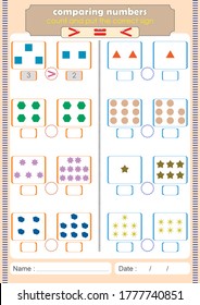 Comparing Numbers Worksheet For Education, More, Less Or Equal. Educational Mathematical Game. 