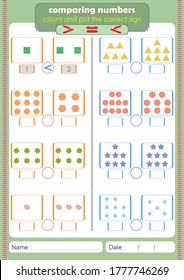 Comparing Numbers Worksheet For Education, More, Less Or Equal. Educational Mathematical Game. 