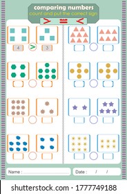 Comparing Numbers Worksheet For Education, More, Less Or Equal. Educational Mathematical Game. 