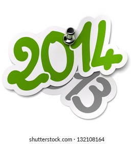 comparison between 2014 and 2013, two thousand thirteen sticker is gray and two thousand fourteen label is green. fixed by using a metal thumbtack