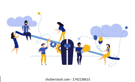 Comparison Employee Business People Illustration. Advocate Person Unbalanced Weight. Woman And Man On Swing Outweigh Concept Idea Design. Solution Choice Value Human. Problem Banner Job Team