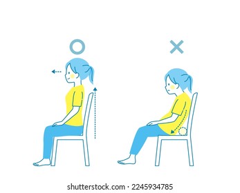 Comparison good   bad posture woman sitting chair