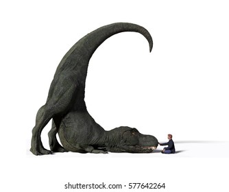 Comparison Of The Size Of An Adult Tyrannosaurus Rex Dinosaur From The Jurassic Period And A 1.8m Human (Homo Sapiens) 3d; Illustration