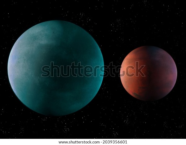 Comparison of the size of\
exoplanets. Two different planets from outside the solar system 3d\
illustration.\
