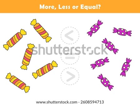 Comparison Worksheet with Cute Candy Illustration for Kids. Counting Games for Preschoolers. More or Less Worksheet for Kindergarten.