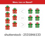 Comparison Worksheet with Cute Christmas Illustration for Kids. Counting Games for Preschoolers. More or Less Worksheet for Kindergarten. Christmas activity sheet.