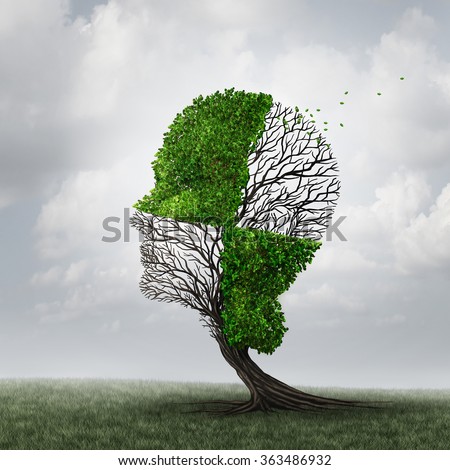 Compartmentalization and neurology compartmentalize psychology as a mind defense mechanism concept or mental health disease metaphor as dementia with a tree shaped as a head with a checkered pattern. Stock photo © 