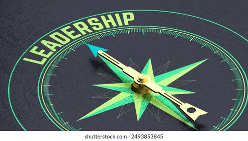 Compass Arrow Pointing to 'Leadership' on Black Background - Emphasizes Guidance and Strategic Direction. Ideal for corporate presentations, leadership training, and strategic planning. 3D rendering. - Powered by Shutterstock