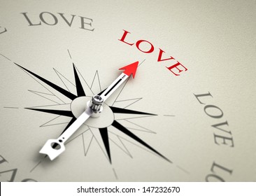 Compass with arrow pointing to the word love. 3D render image suitable for love coaching or couselling concept, 3D render with depth of field effect 