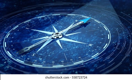 Compass Direction On Digital Code Blue Background. 3d rendering