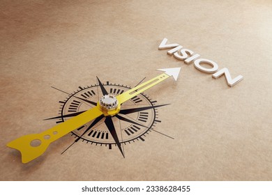 Compass direction pointing to the Vision. concept of  business planning and setting long-term goals of an organization that represents the tools that direct the way to success.