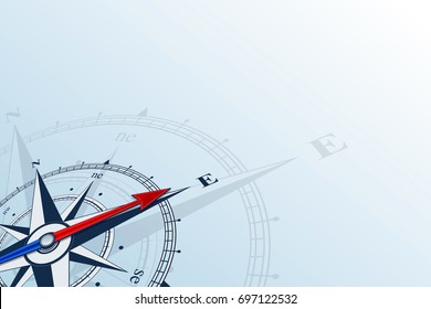 Compass east. Compass with wind rose, the arrow points to the east. Compass on a blue background. Compass illustrations can be used as background. East direction. Flat background with copy space place