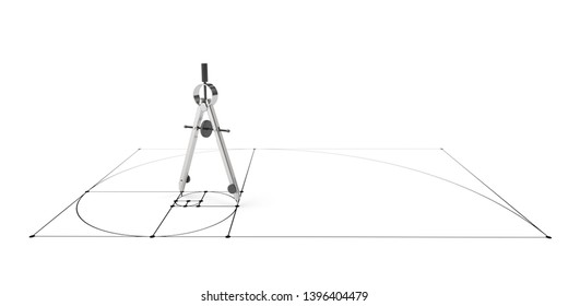 Compass With Golden Ratio Sketch. 3d Illustration.