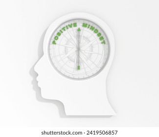 Compass inside human head points towards positive thinking. Change, success positive approach and flexibility in business, new results. Adapting new normal and innovative way. 3D. 3D Illustration
