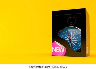 Compass inside merchandise box isolated on orange background. 3d illustration
