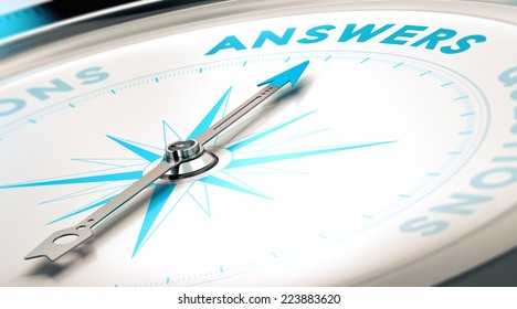 Compass with needle pointing the word answer, white and blue tones. Background image for illustration of FAQ
