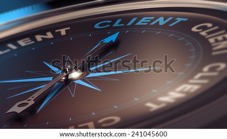 Compass with needle pointing the word client, concept image to illustrate CRM, customer relationship management.