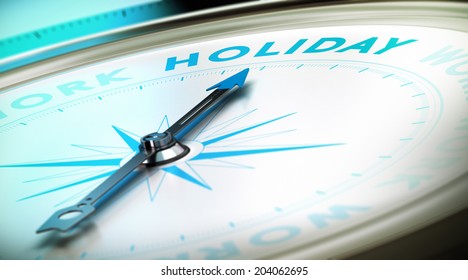Compass with needle pointing the word holiday with blur effect plus blue and black tones. Conceptual image for illustration of time off