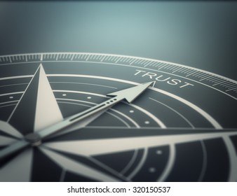 Compass With The Needle Pointing The Word Trust, Black Background. Conceptual Realistic 3D Render Image With Depth Of Field Blur Effect. Concept For Business Solutions.